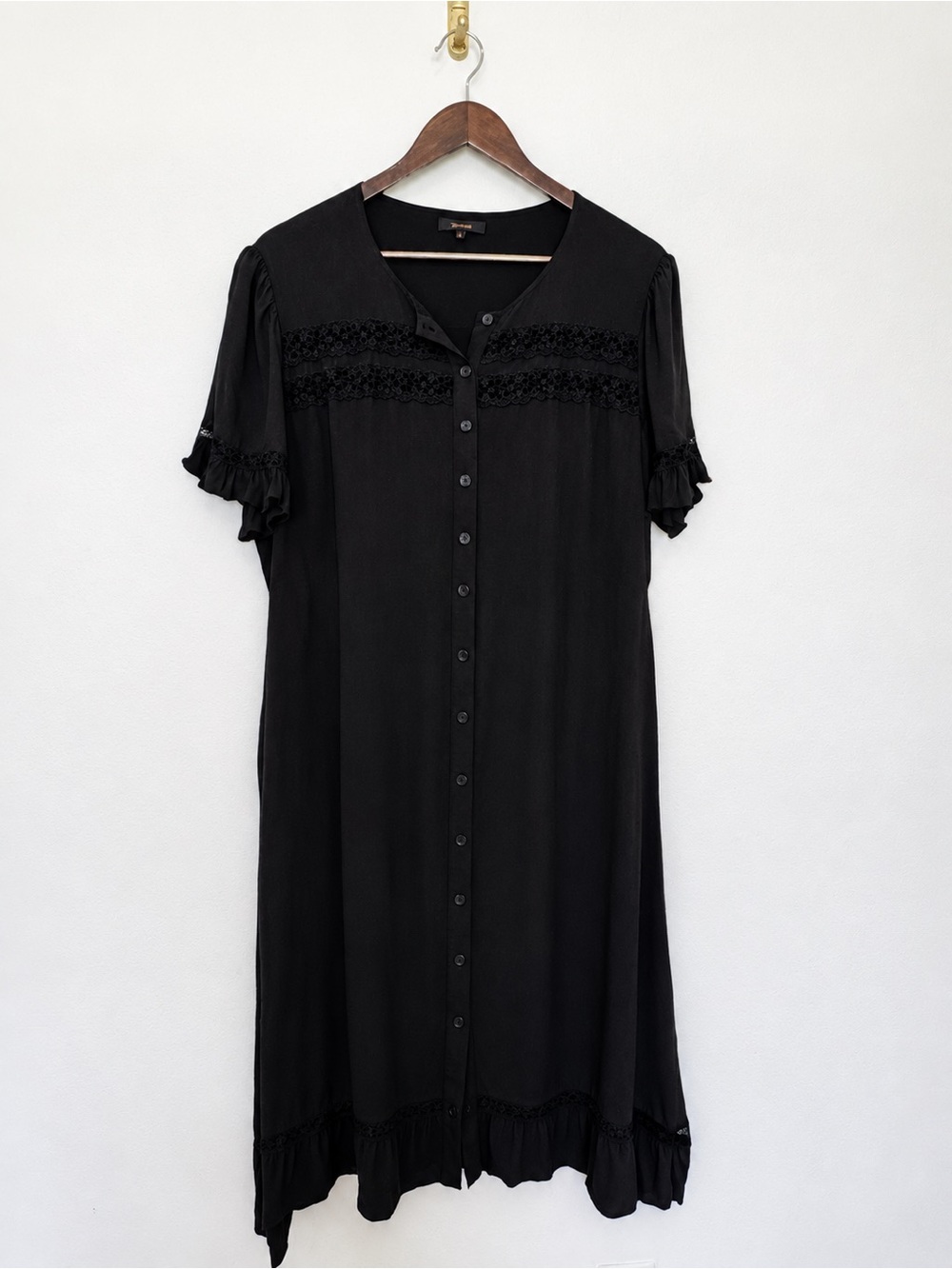 Quince Lightweight Crepe Lace Inset Midi Dress Black XL Button Front